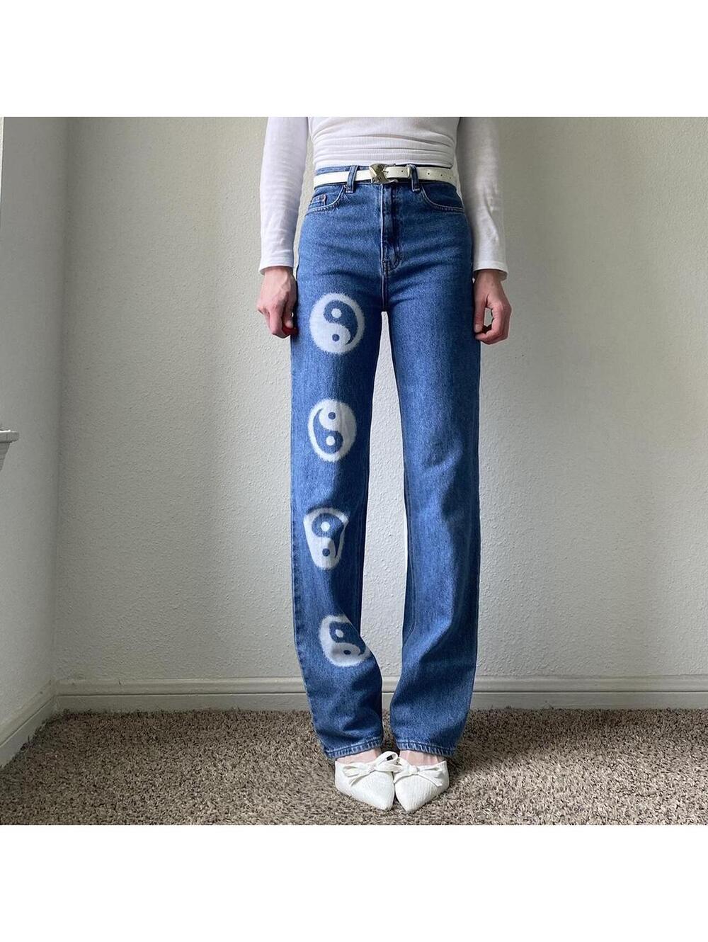 High waisted relaxed fit bootcut ying yang design bleach printed denim jeans